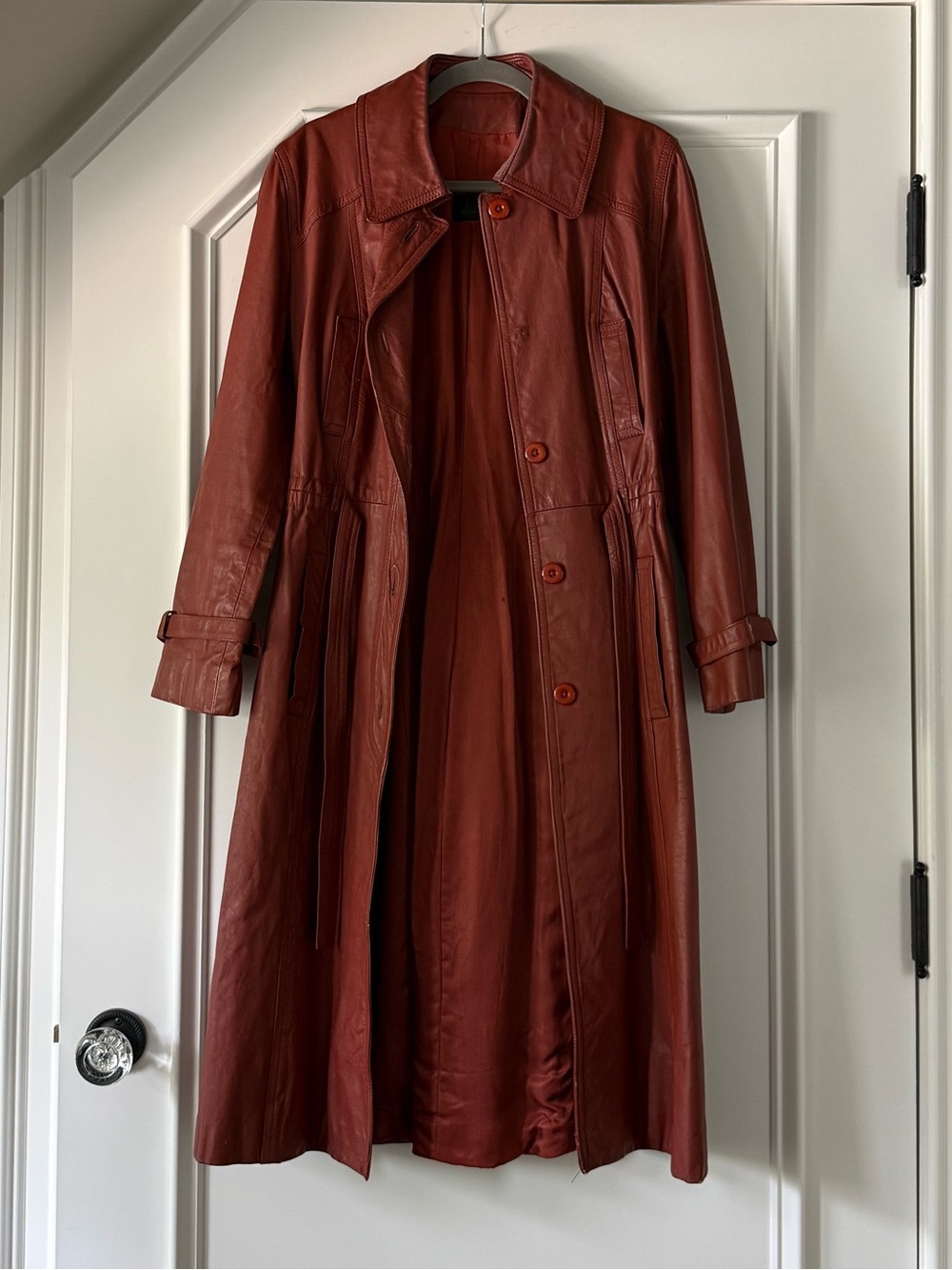 Long Red Leather Trench Coat